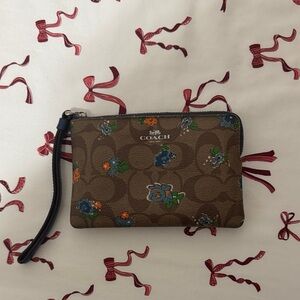 COACH Brown Signature Floral Slim Zip Wristlet with Blue & Orange Flowers